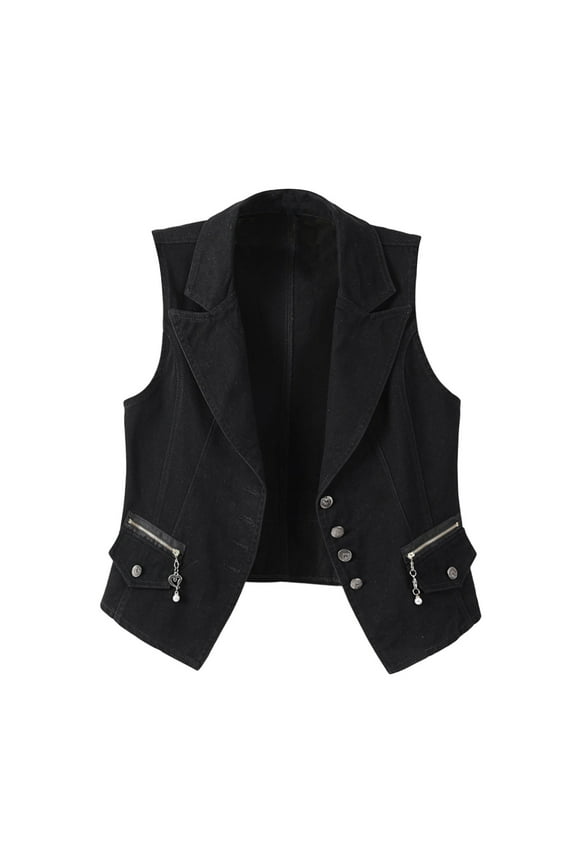 Lapel Denim Vest for Women Button Up Waistcoat Jean Jacket