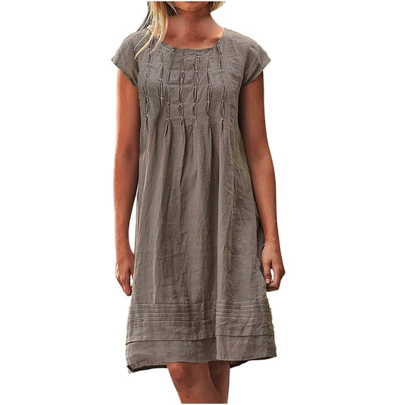 Oplxuo Linen Dress for Women Pleated Summer Dresses Round Neck Short Sleeve Sundress Beach Vacation Casual Mini Dress 2026