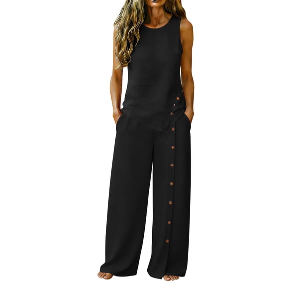 Oplxuo Linen Sets for Women 2 Piece Button Sleeveless Tank Tops with Wide Leg Pants Matching Set Casual Beach Outfits