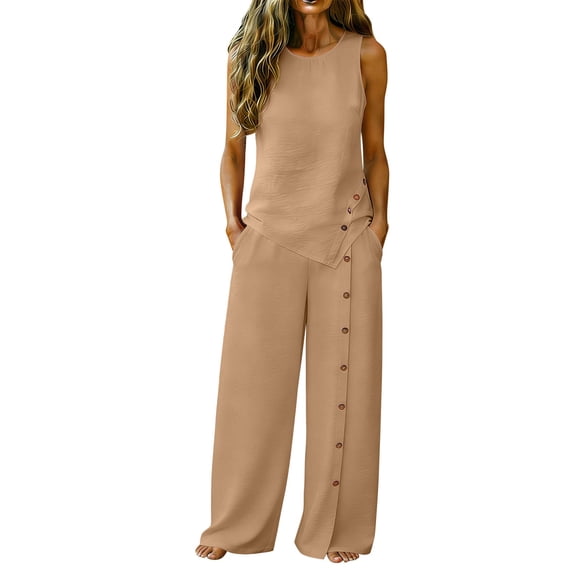 Oplxuo Linen Sets for Women 2 Piece Button Sleeveless Tank Tops with Wide Leg Pants Matching Set Casual Beach Outfits