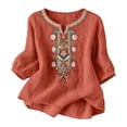 thumbnail image 1 of Oplxuo Linen Shirts for Women 3/4 Sleeve Embroidered Shirts V Neck Peasant Blouses Boho Gauze Tops Casual Vacation Clothes, 1 of 6