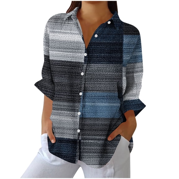Oplxuo Linen Shirts for Womens Long Sleeve Button Lapel Boho Floral Blouse Top Loose Comfy Going Out Tops for All Seasons