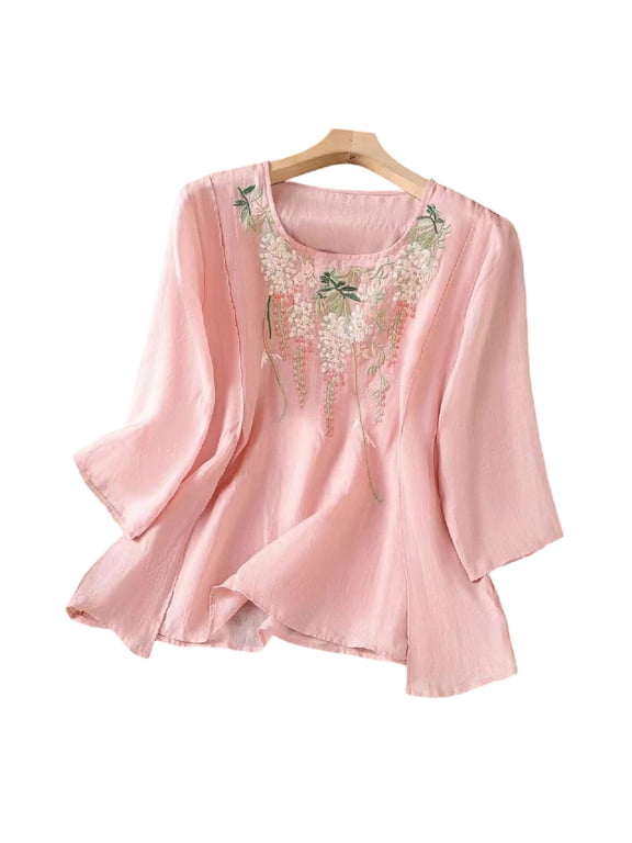 Linen Tops For Women Embroidered 3/4 Sleeve Bohemian Peasant Shirts V Neck Boho Spring 2026 Gauze Cotton Blouse Tunic