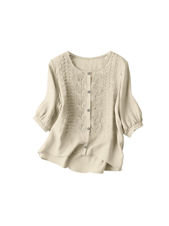 Linen Tops For Women Embroidered 3/4 Sleeve Bohemian Peasant Shirts V Neck Boho Spring 2026 Gauze Cotton Blouse Tunic