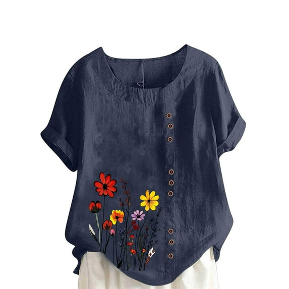 Oplxuo Linen Tops for Women Short Sleeve Boho Summer Floral Graphic Crewneck Tunic Shirts Casual Loose Button Blouses