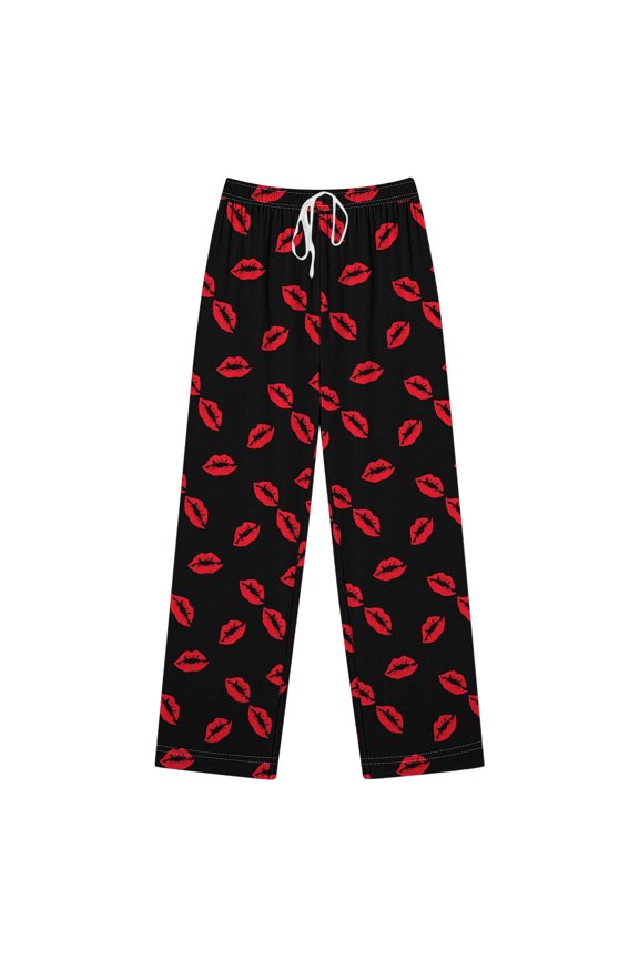 Lip Printed Cute Pajamas Pants for Women Drawstring Elastic Waist Comfy Loose Pjs Bottom Lounge Trousers with Pockets