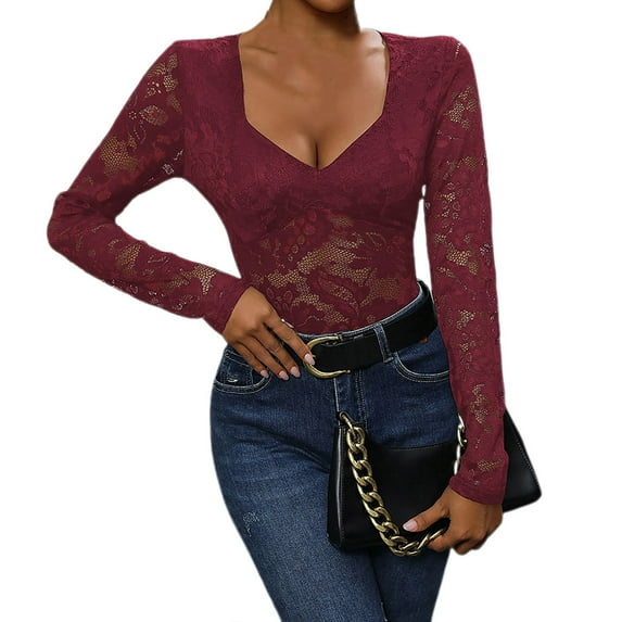 Oplxuo Long Sleeve Bodysuits for Women Floral Lace Sexy Deep V Neck Sheer Mesh Bodysuit Tops See Through Leotards