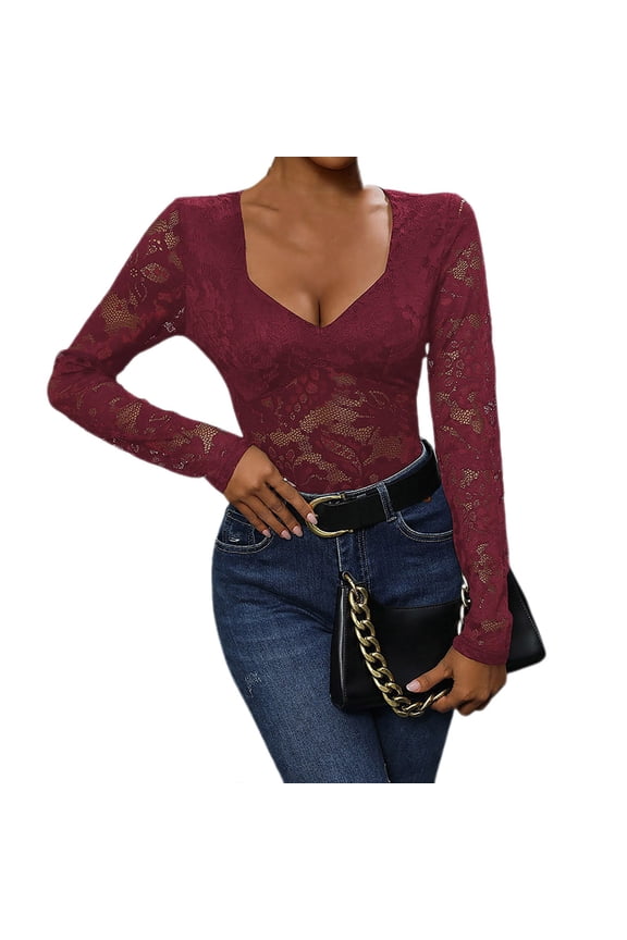 Long Sleeve Bodysuits for Women Floral Lace Sexy Deep V Neck Sheer Mesh Bodysuit Tops See Through Leotards