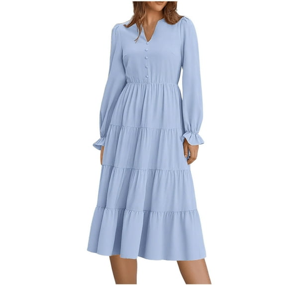 Oplxuo Long Sleeve Dress for Women 2025 Fall V Neck Tiered Aline Spring Elegant Modest Flowy Wedding Guest Maxi Dresses