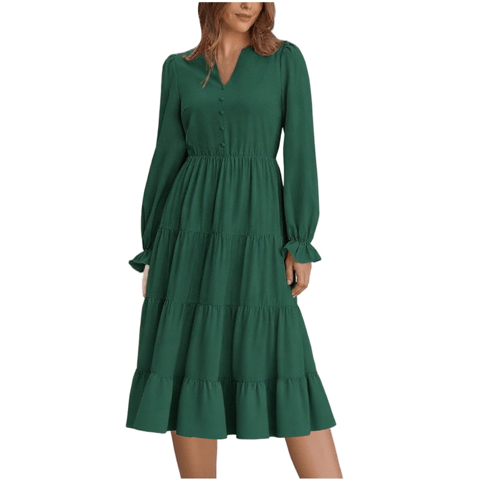 Oplxuo Long Sleeve Dress for Women 2025 Fall V Neck Tiered Aline Spring Elegant Modest Flowy Wedding Guest Maxi Dresses