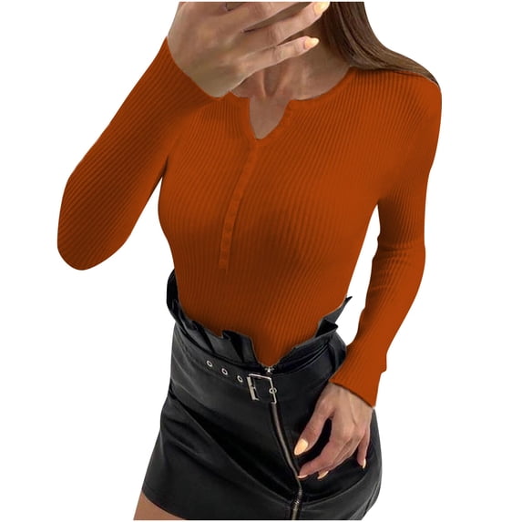Oplxuo Long Sleeve Henley Shirts for Women - Button V Neck Basic Slim Fitted Ribbed Knit Pullover Sweater Tops