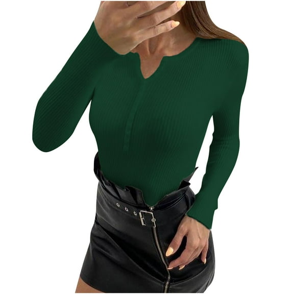 Oplxuo Long Sleeve Henley Shirts for Women - Button V Neck Basic Slim Fitted Ribbed Knit Pullover Sweater Tops