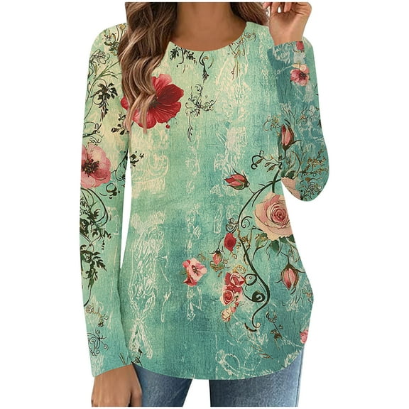 Oplxuo Long Sleeve Shirts for Women Crew Neck Fall Tops Fashion Side Split Loose Tunic Pullover 2025