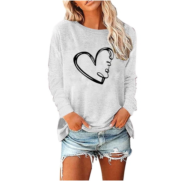 Oplxuo Long Sleeve Shirts for Women Heart Print Loose Crewneck Pullover Tunic Tops Ladies Casual 2025 Spring Blouse