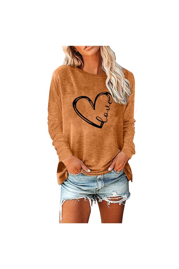 Long Sleeve Shirts for Women Heart Print Loose Crewneck Pullover Tunic Tops Ladies Casual 2025 Spring Blouse