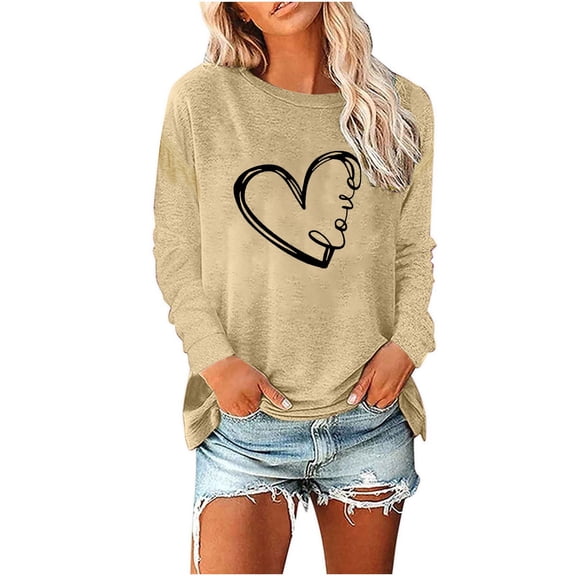 Oplxuo Long Sleeve Shirts for Women Heart Print Loose Crewneck Pullover Tunic Tops Ladies Casual 2025 Spring Blouse