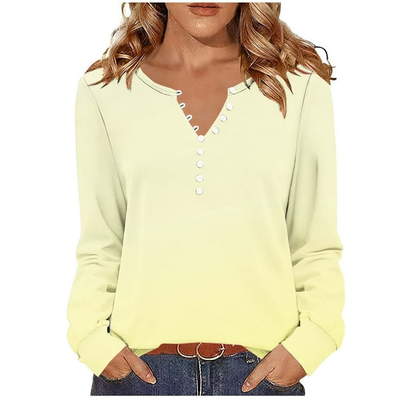 Oplxuo Long Sleeve Shirts for Women Henley Neck Button Fall Fashion Gradient Color Tops Loose Fit Pullover Casual Tunics