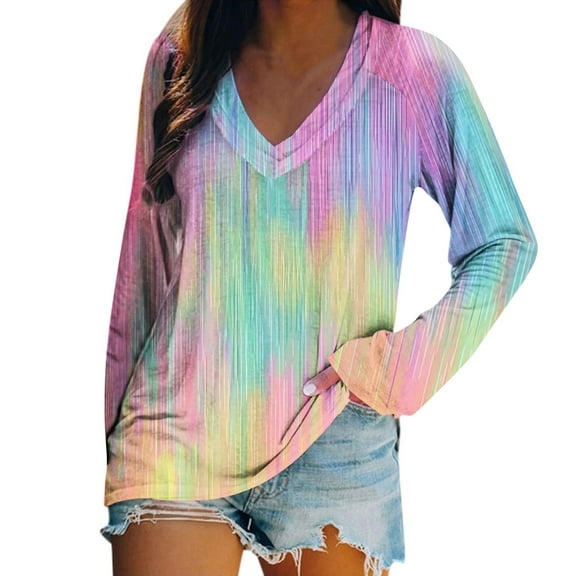 Oplxuo Long Sleeve Shirts for Women Trendy Color Block Sweatshirt Teen Girl Y2K Tops Loose V Neck Tshirt Cotton Tunic Blouse