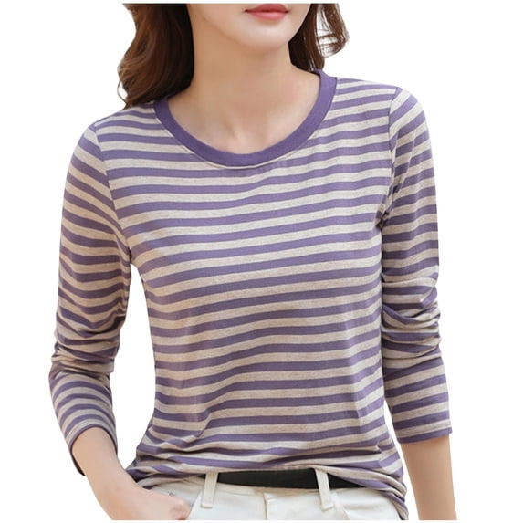 Oplxuo Long Sleeve Striped Shirts for Women Basic Loose Crew Neck Pullover Tops Casual Colorblock Tunic Blouse