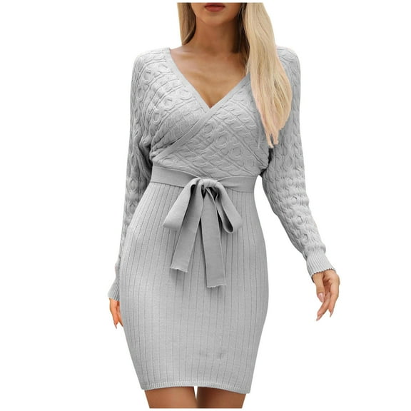 Oplxuo Long Sleeve Sweater Dresses for Women Fall Winter V Neck Wrap Pullover Casual Cable Knitted Belted Waist Lounge Dress
