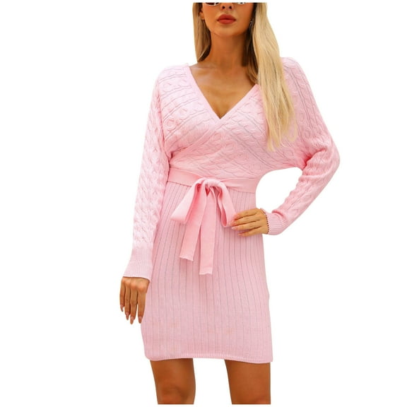 Oplxuo Long Sleeve Sweater Dresses for Women Fall Winter V Neck Wrap Pullover Casual Cable Knitted Belted Waist Lounge Dress