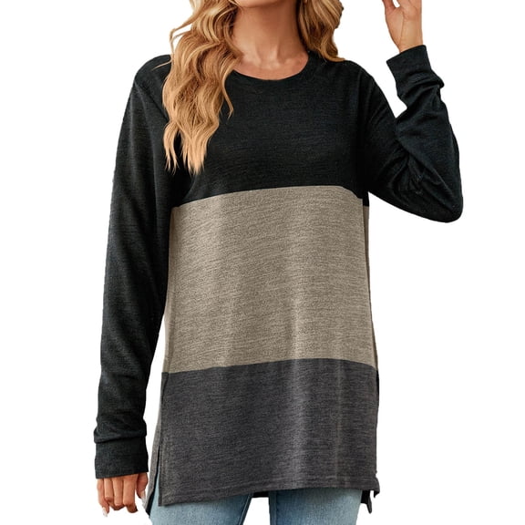 Oplxuo Long Sleeve T-Shirts for Women Fall Cute Going Out Tops Colorblock Casual Comfy Crewneck Split Hem Tunic Sweatshirt