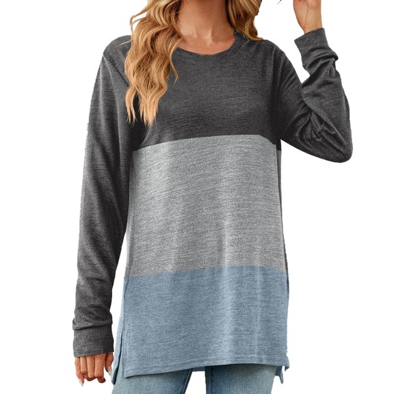 Oplxuo Long Sleeve T-Shirts for Women Fall Cute Going Out Tops Colorblock Casual Comfy Crewneck Split Hem Tunic Sweatshirt