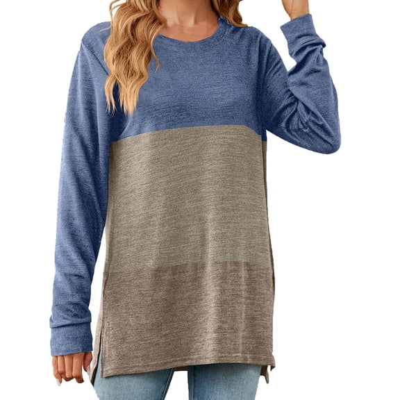 Oplxuo Long Sleeve T-Shirts for Women Fall Cute Going Out Tops Colorblock Casual Comfy Crewneck Split Hem Tunic Sweatshirt