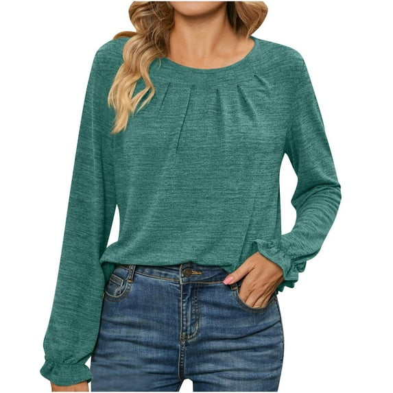 Oplxuo Long Sleeve Tops for Women Loose Crewneck Dressy Casual Pleated Tunic Shirts Blouse