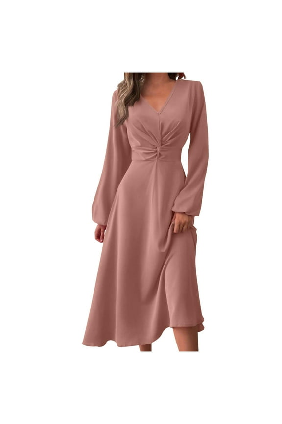 Long Sleeve Wedding Guest Dress for Women V-Neck Twist Waist Cocktail Party Maxi Dresses