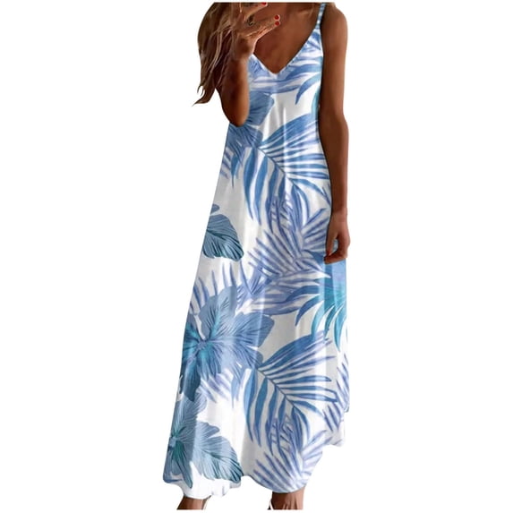 Oplxuo Maxi Dresses for Women 2026 Summer Casual Spaghetti Strap V Neck Long Dress Trendy Floral A-Line Flowy Beach Sundress