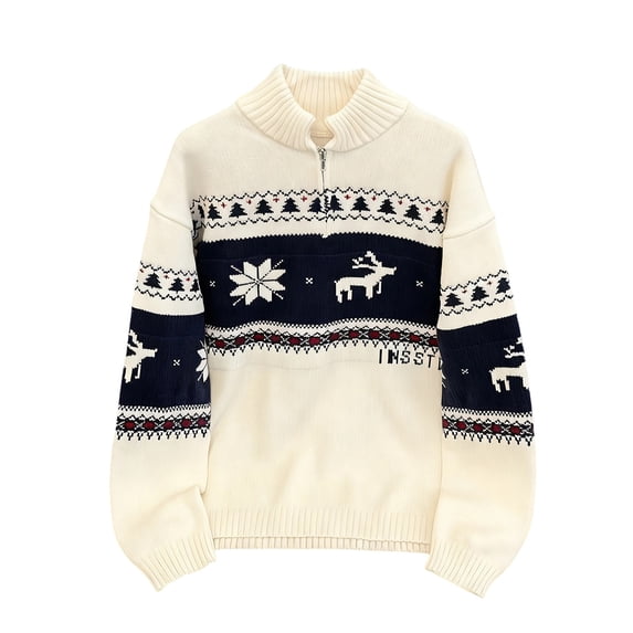 Oplxuo Men Knitting Cotton Christmas Sweaters Quarter Zip Xmas Printed Pullover Fall Winter Mock Neck Pullover Party Tops