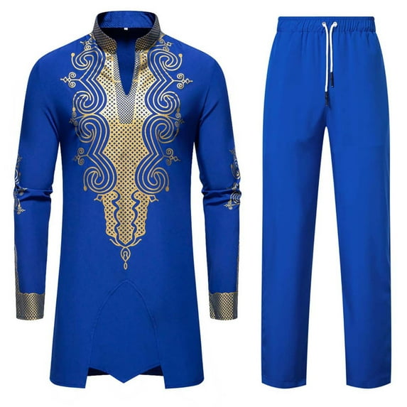 Oplxuo Men's African Suits Long Sleeve Ethnic Style Graphic Printed Dashiki Shirt and Pants Traditional 2 Piece Outfits
