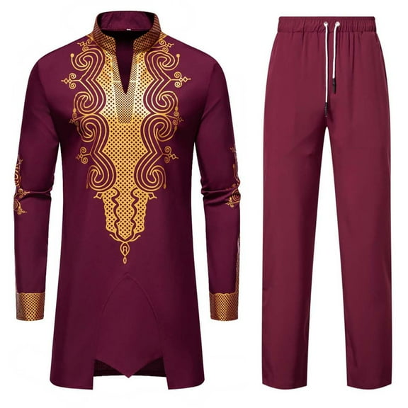 Oplxuo Men's African Suits Long Sleeve Ethnic Style Graphic Printed Dashiki Shirt and Pants Traditional 2 Piece Outfits