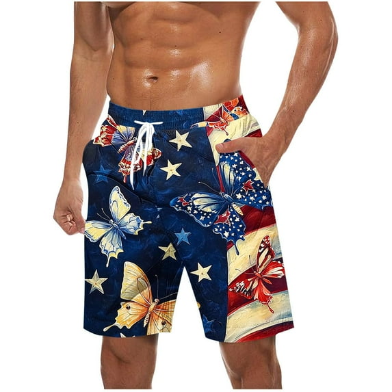 Oplxuo Men's American Flag Swim Trunks USA 4th of July Patriotic Board Shorts Quick Dry Lined Beach Shorts