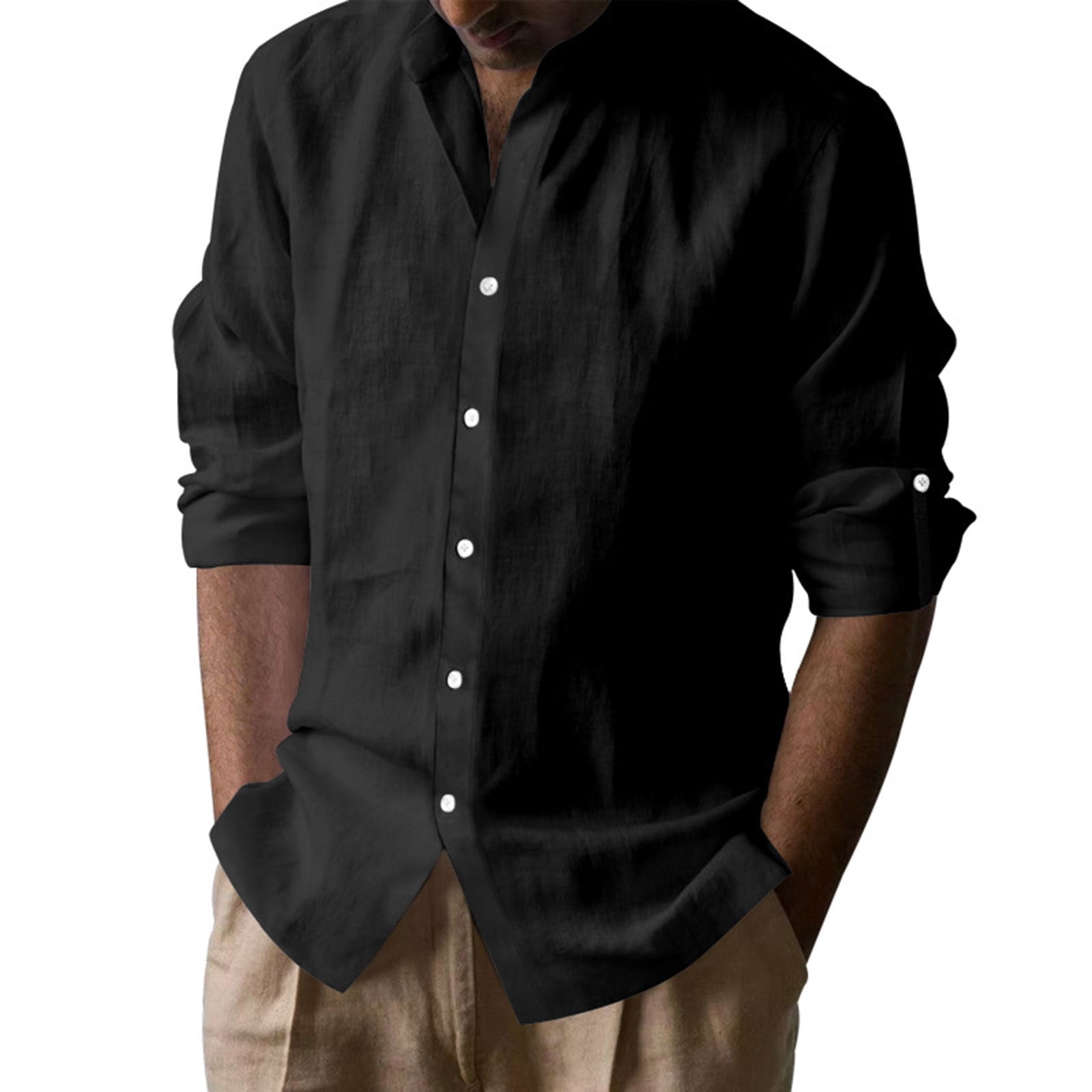 Mens White Linen Button Down Shirt  Long Sleeve Roll-Up Casual Dress Shirt
