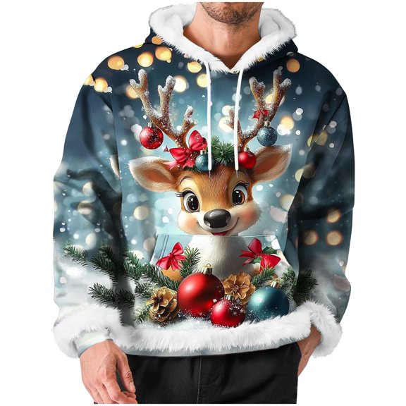Oplxuo Men's Christmas Sweatshirt Hoodie Loose Fit Pullover Santa Claus Print Long Sleeve Casual Sweatshirts with Pocket