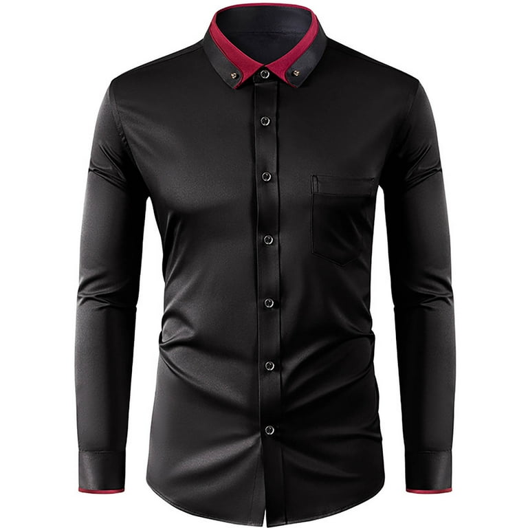 Oplxuo Men s Colorblock Stylish Dress Shirts Slim Fit Casual Button Down Long Sleeve Stretch Business Formal Shirts Size 4XL Black