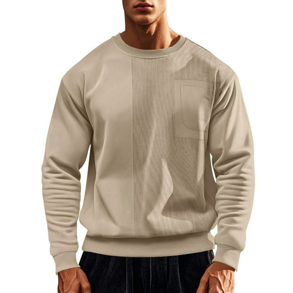 Oplxuo Men's Corduroy Sweatshirt Casual Solid Long Sleeve Crewneck Loose Vintage Pullover Tops with Chest Pocket