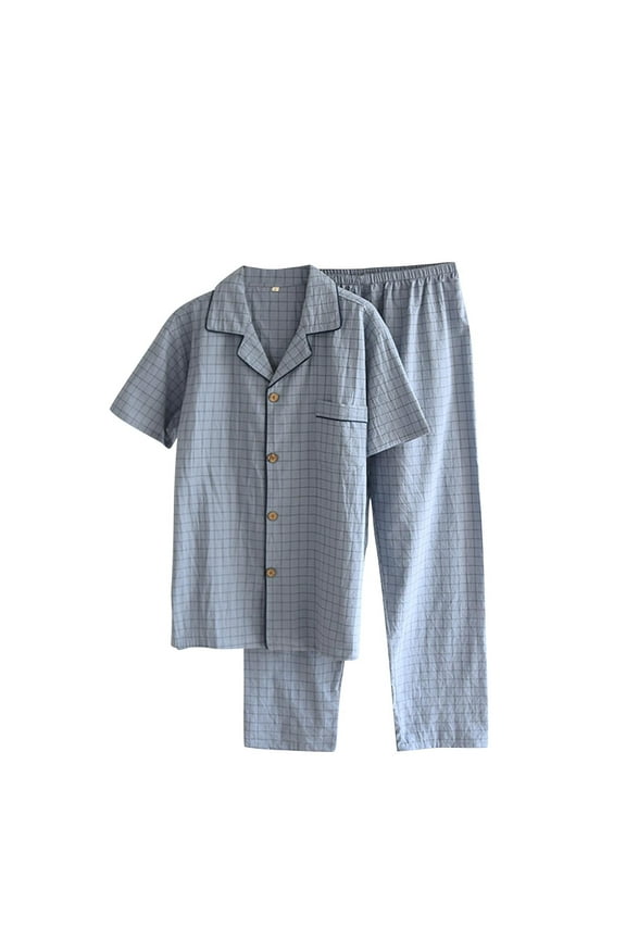 Men's Cotton Plaid Short Sleeve Pajamas Set Button Down Loose Sleepwear Comfy Pjs Bottom Summer 2 Piece Loungewear