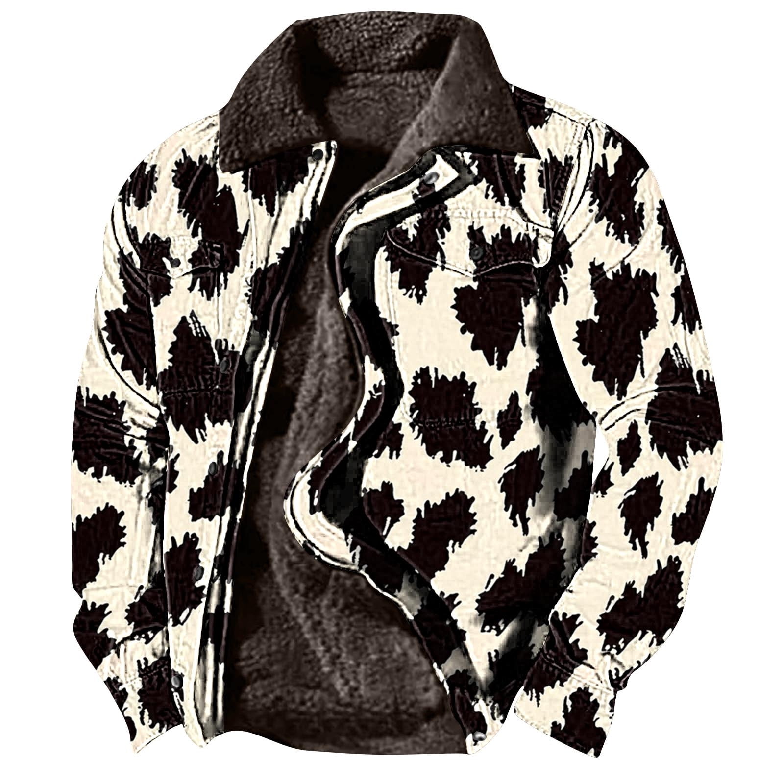 Oplxuo Men's Cow Print Full Zip Winter Coats - Fleece Sherpa