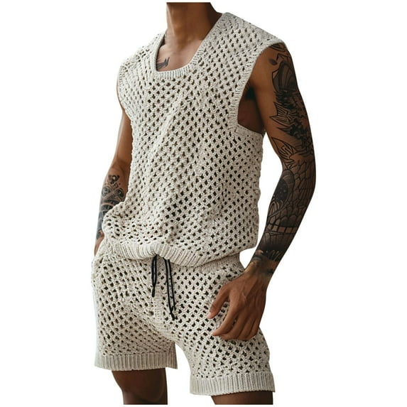 Oplxuo Men's Crochet Shorts Beach Outfits Loose Sleeveless Summer Knitted Hollow Tank Top 2 Piece Casual Vacation Sets