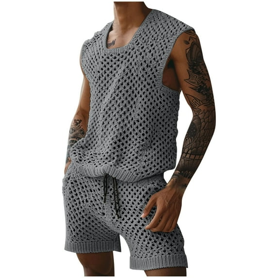 Oplxuo Men's Crochet Shorts Beach Outfits Loose Sleeveless Summer Knitted Hollow Tank Top 2 Piece Casual Vacation Sets