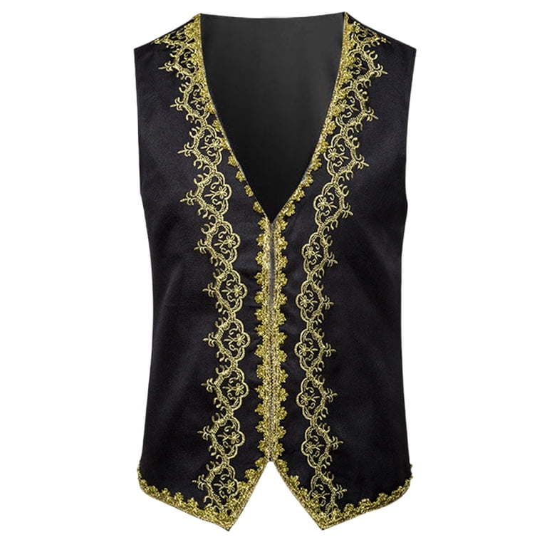 Oplxuo Men's Floral Embroidery Suit Vest Gothic V Neck Medieval