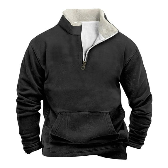 Oplxuo Men's Half Zip Fleece Lined Stand Collar Sweatshirt Vintage Color Block Long Sleeve Pullovers Outwear with Pocket