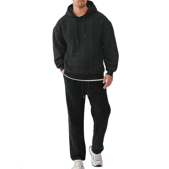 Oplxuo Men's Hooded Knitted Tracksuit Casual 2 Pieces Suits Solid Color Sweatshirts with Hood and Jacquard Pants Set