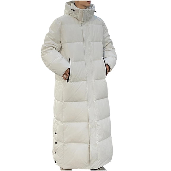 Oplxuo Men's Long Padded Down Puffer Coat Maxi Hooded Quilted Jackets Windproof Winter Thermal Outerwear