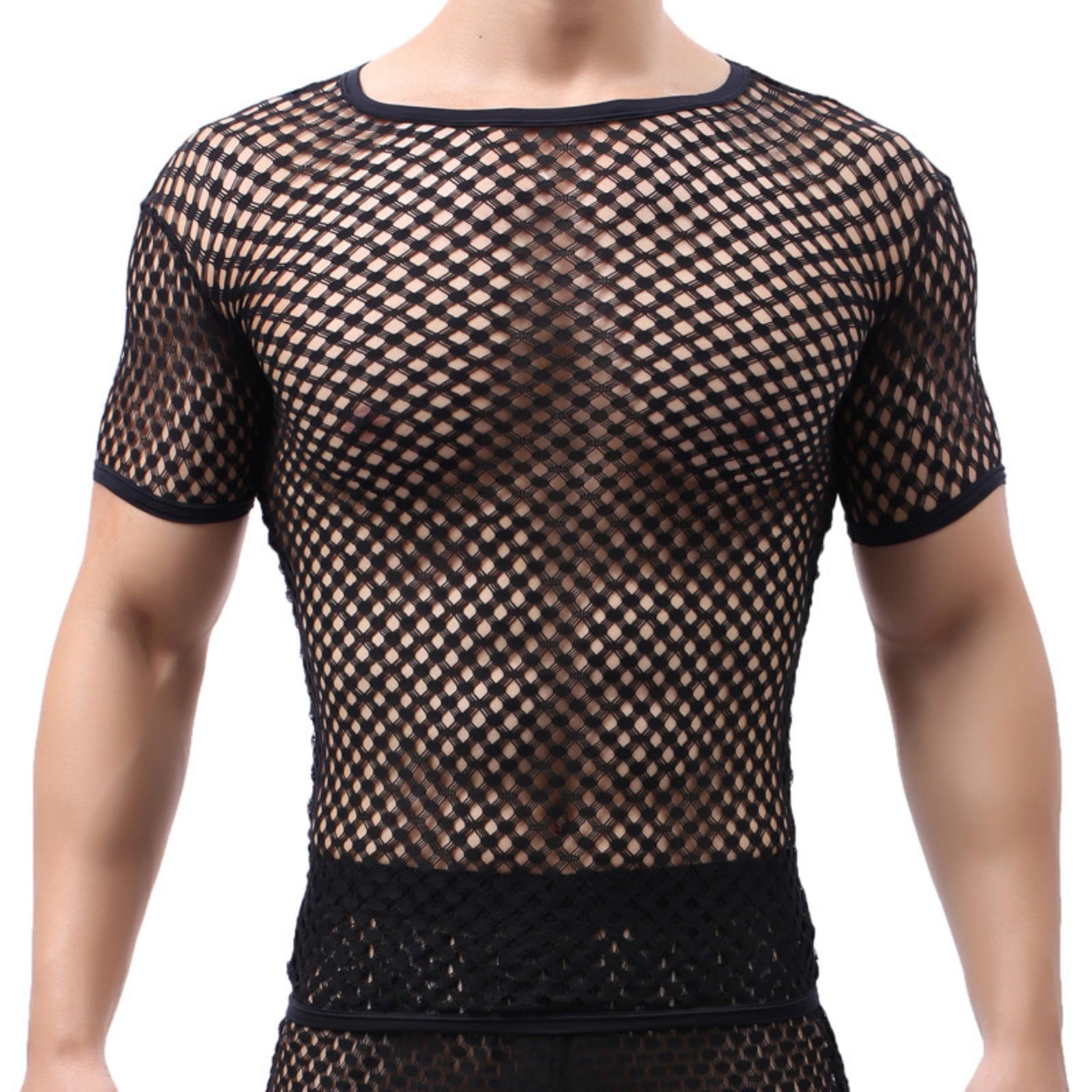 WDIRARA Men's Fishnet Mesh Crop Top Tee With PU Leather Trim - Short Sleeve Crew Neck Slim Fit Shirt