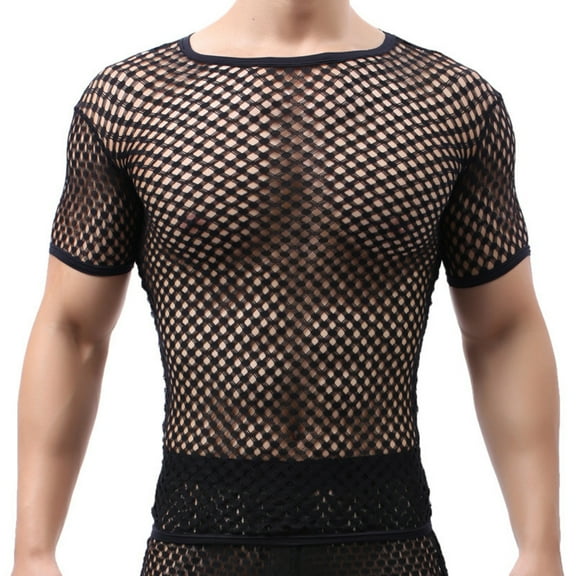 Oplxuo Men's Mesh Fishnet Muscle Tops Short Sleeve Sheer See Through T Shirt Fitted Crewneck Blouse Clubwear