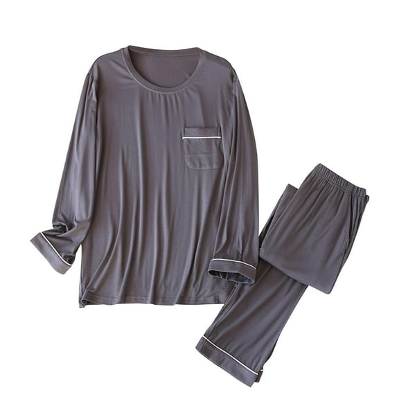 Oplxuo Men's Modal Pajamas Set Loose Crew Neck Sleepwear Comfy Drawstring Bottom Long Sleeve Soft 2 Piece Loungewear